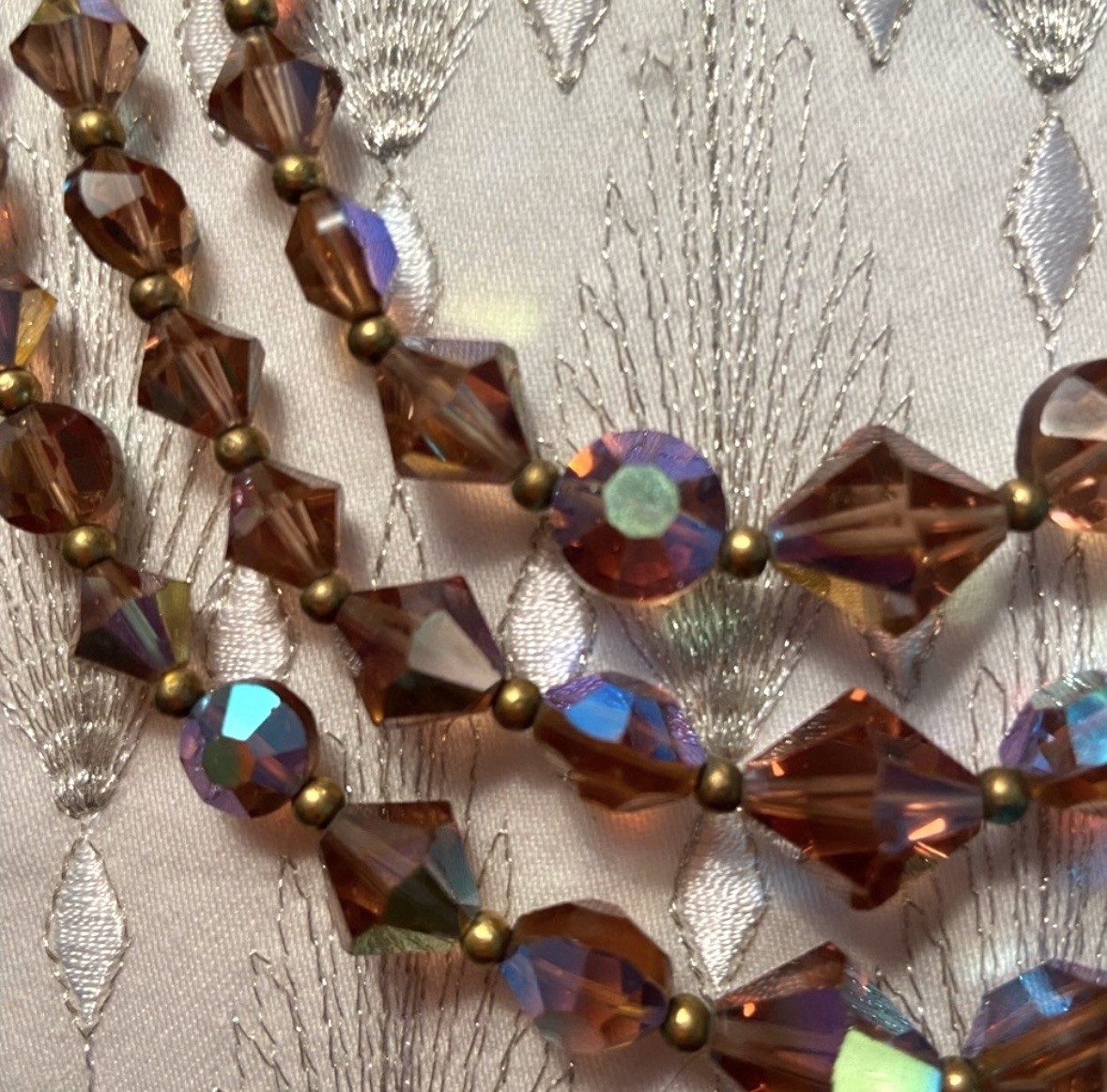 Vintage Brown Aurora Borealis Crystal & Glass Multi-Strand Beaded Necklace Hook