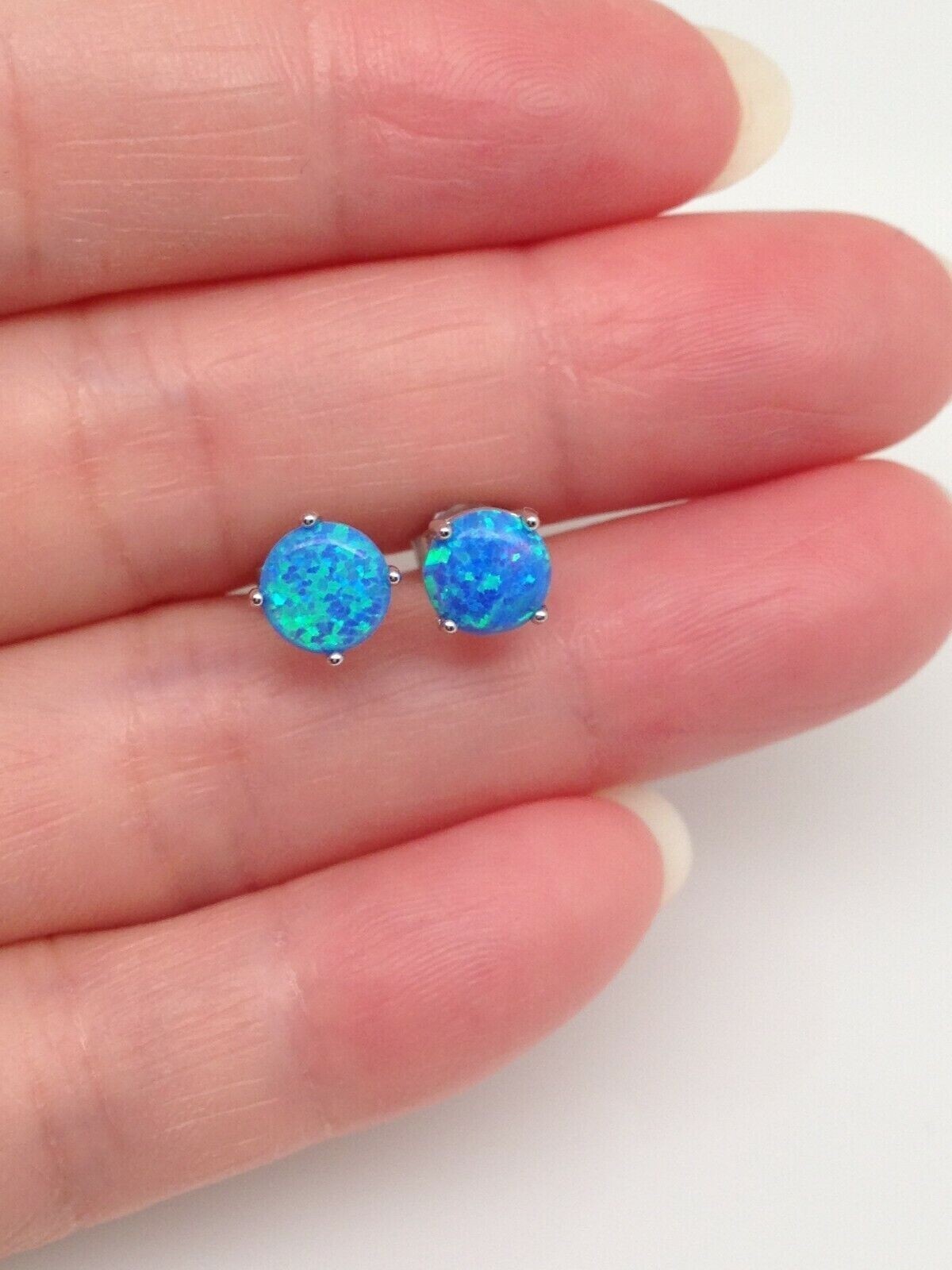 925 Sterling Silver Round Blue Opal Stud Earrings Dainty Studs 5.8mm