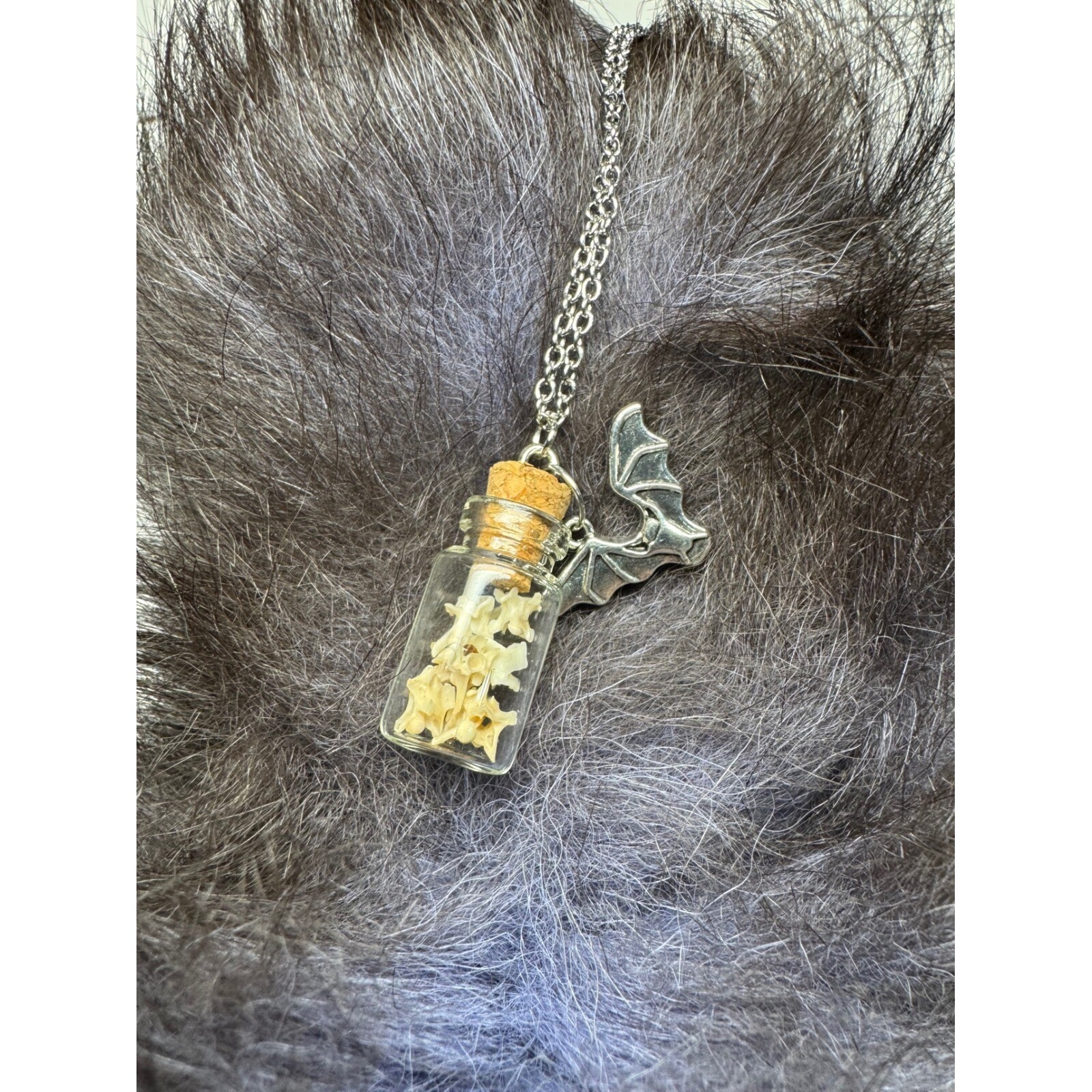 Vertebrae Vial Necklace Bat Wing Charm Gothic Witchy Halloween Jewelry