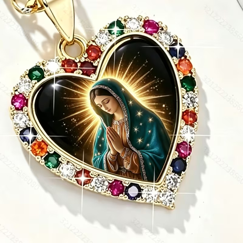 Virgin Mary Birthstones inlay Daily prayer Pendant necklace with gift box