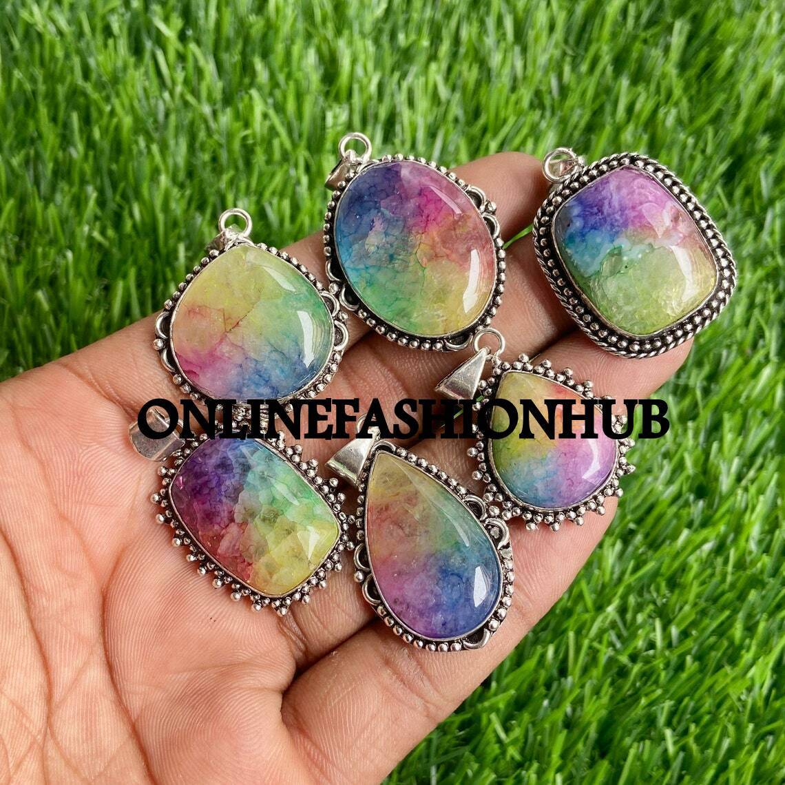Rainbow Solar Quartz Gemstone 925 Sterling Silver Plated Wholesale Lot Pendants
