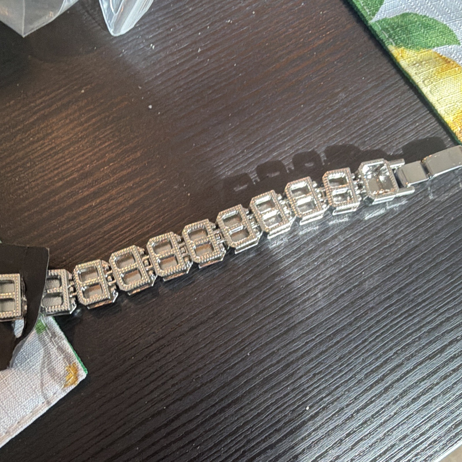 Silver Tone Baguette Rhinestone Link Tennis Bracelet Rectangle Box Closure