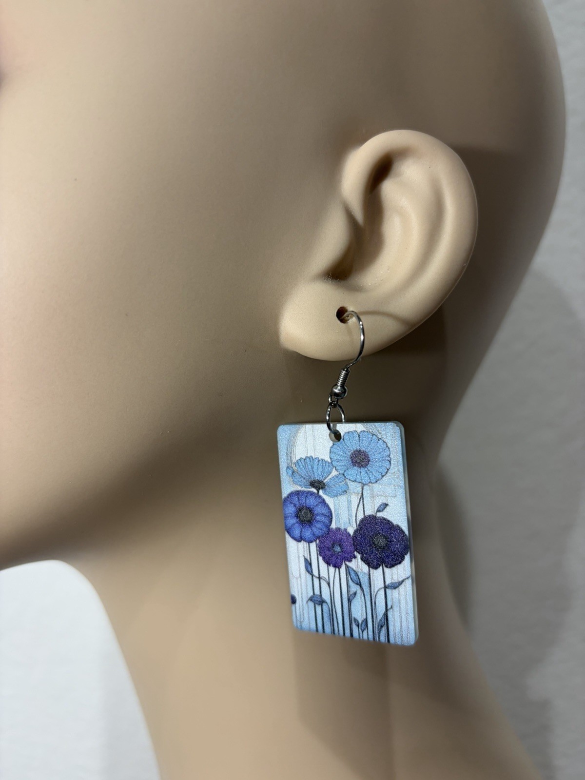 Blue/Purple Wood Rectangle Dangle/Drop Hook Earrings, Flower, 2 in