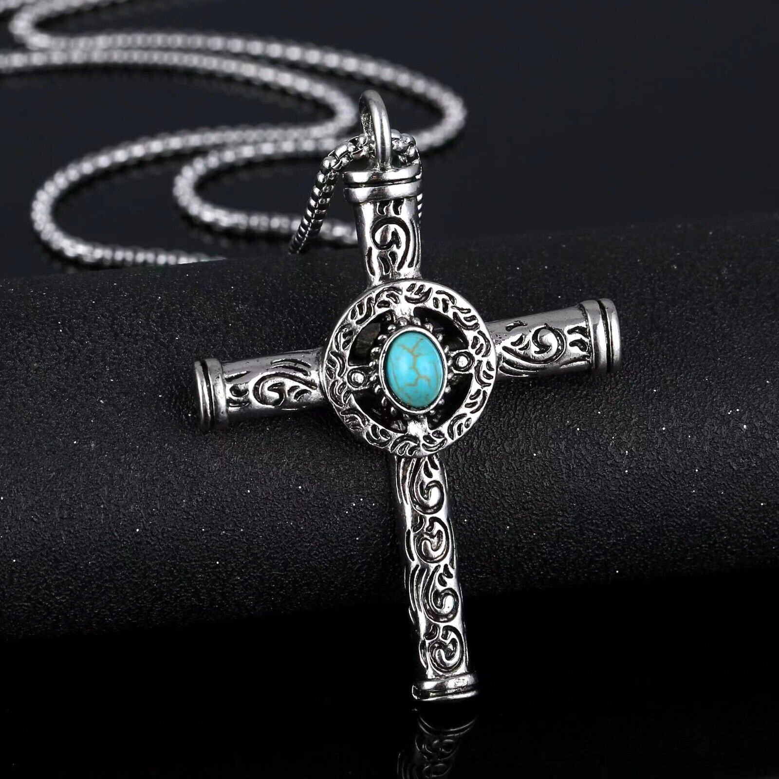 Men Silver Turquoise Celtic Cross Pendant Necklace Chain Religious Jewelry Gift