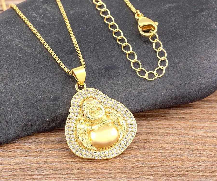 Nidin Classic Exquisite Maitreya Buddha Pendant Necklace Inlaid Shiny Zircon Cry
