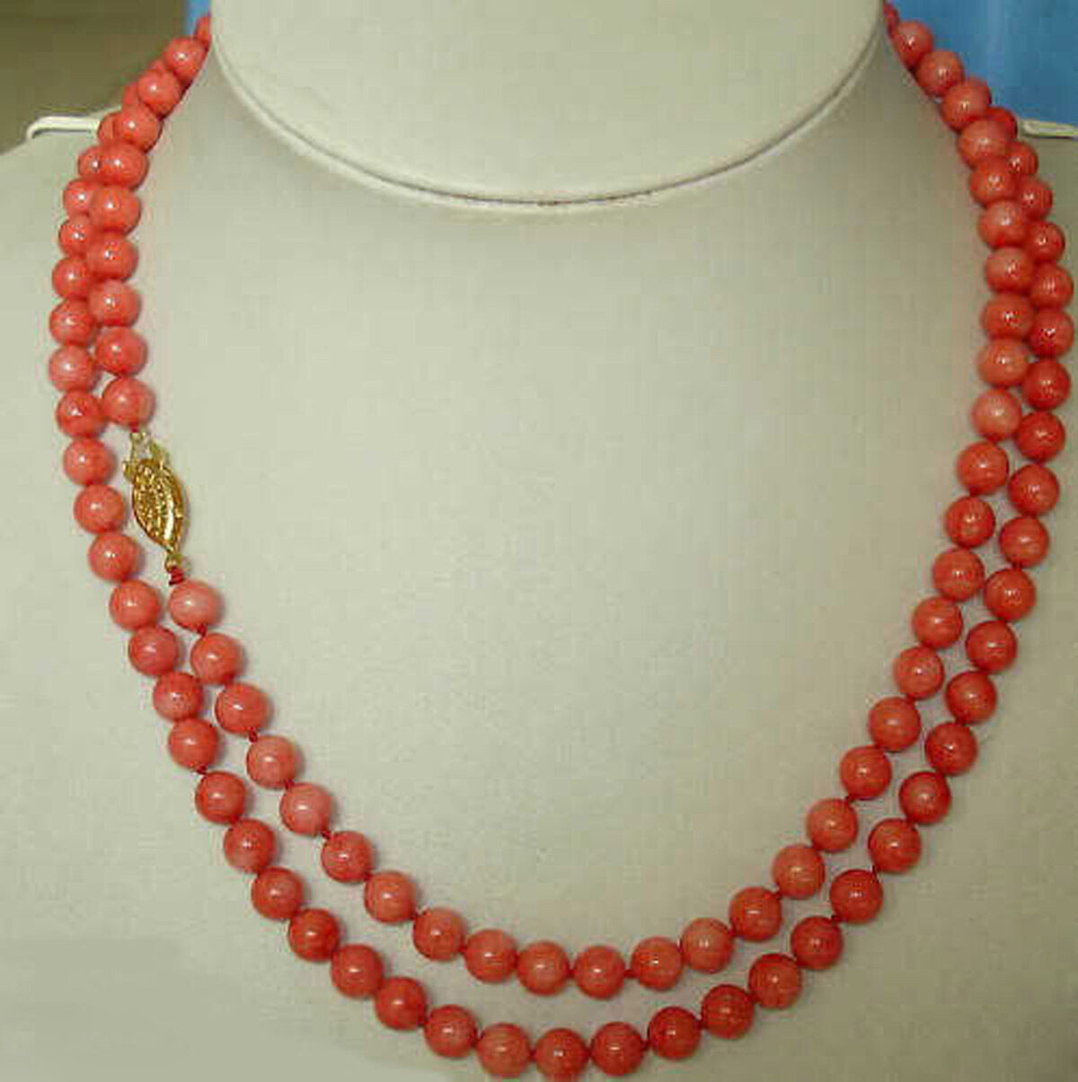 long 35” natural 8mm red Pink coral round gemstone beads necklace 14k gold