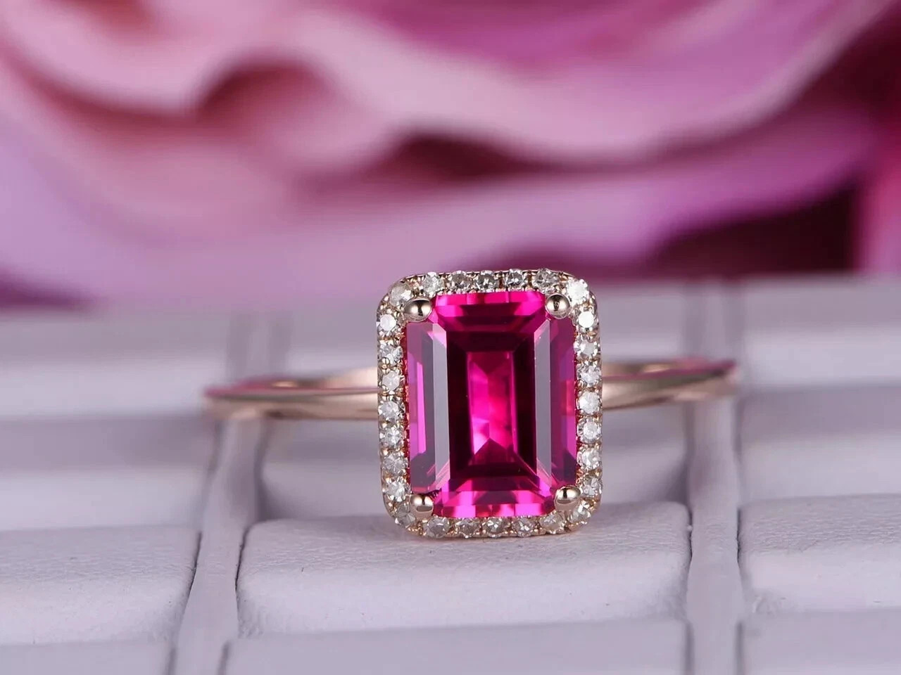 2.40 Ct Emerald Cut Natural Ruby Diamond Wedding Ring 14K Rose Gold Size 8