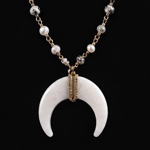 Crescent Moon Horn Necklace Pearl Dalmatian Jasper Gold Tone Celestial Boho