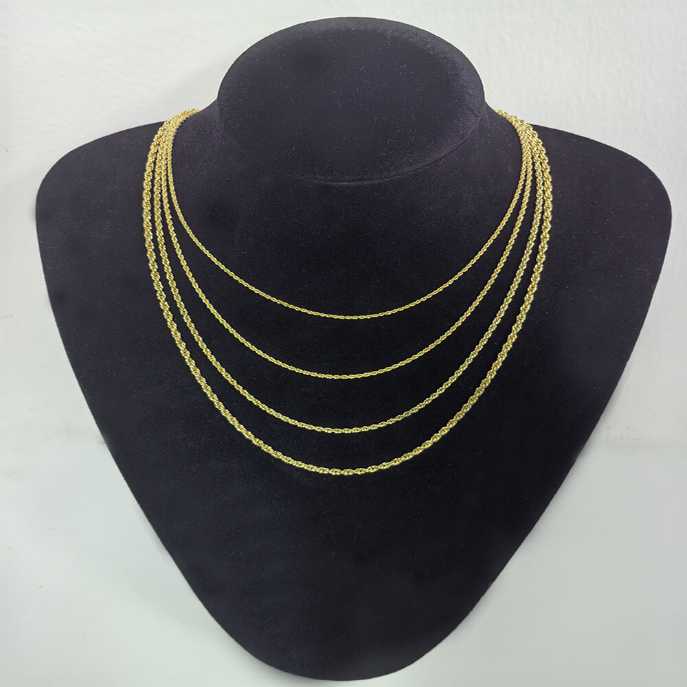 14K Real Solid Yellow Gold 1.5mm-3mm Rope Chain Necklace with Lobster Claw Clasp