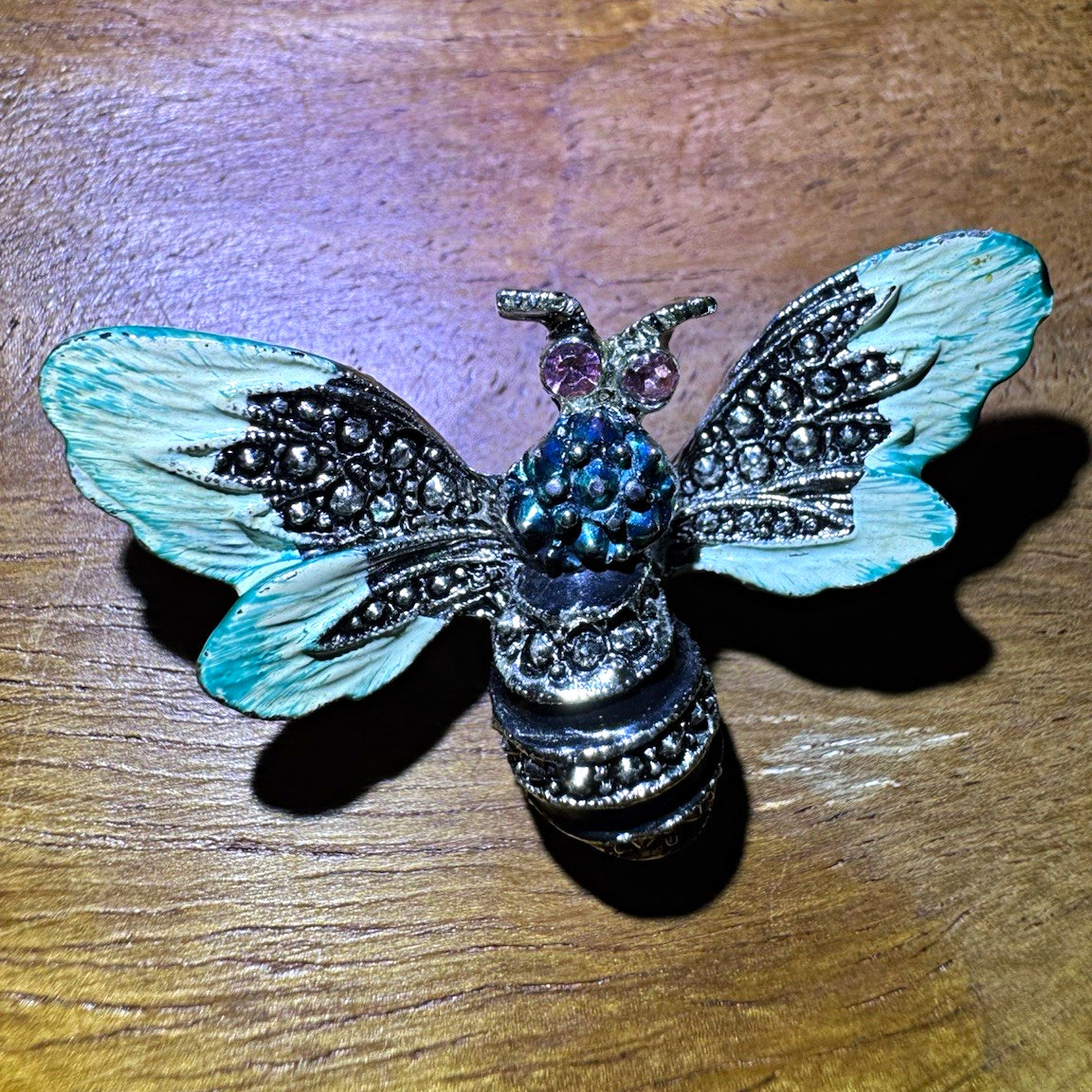 Bee Brooch Pin Silver Tone Blue Enamel Wings Crystal Rhinestones Pink Accents