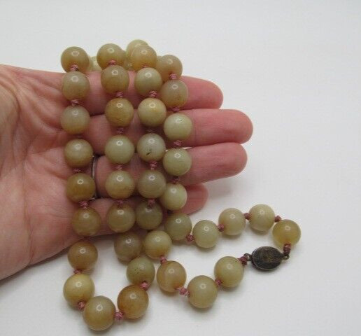Vintage Yellow Green Jade 11.5mm Stone Pink Cord Knotted Bead Necklace 26 In