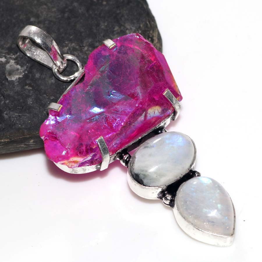 Long Pink Titanium Aura Quartz Rough Rainbow Moonstone Pendant 2.5″ Trendy JW