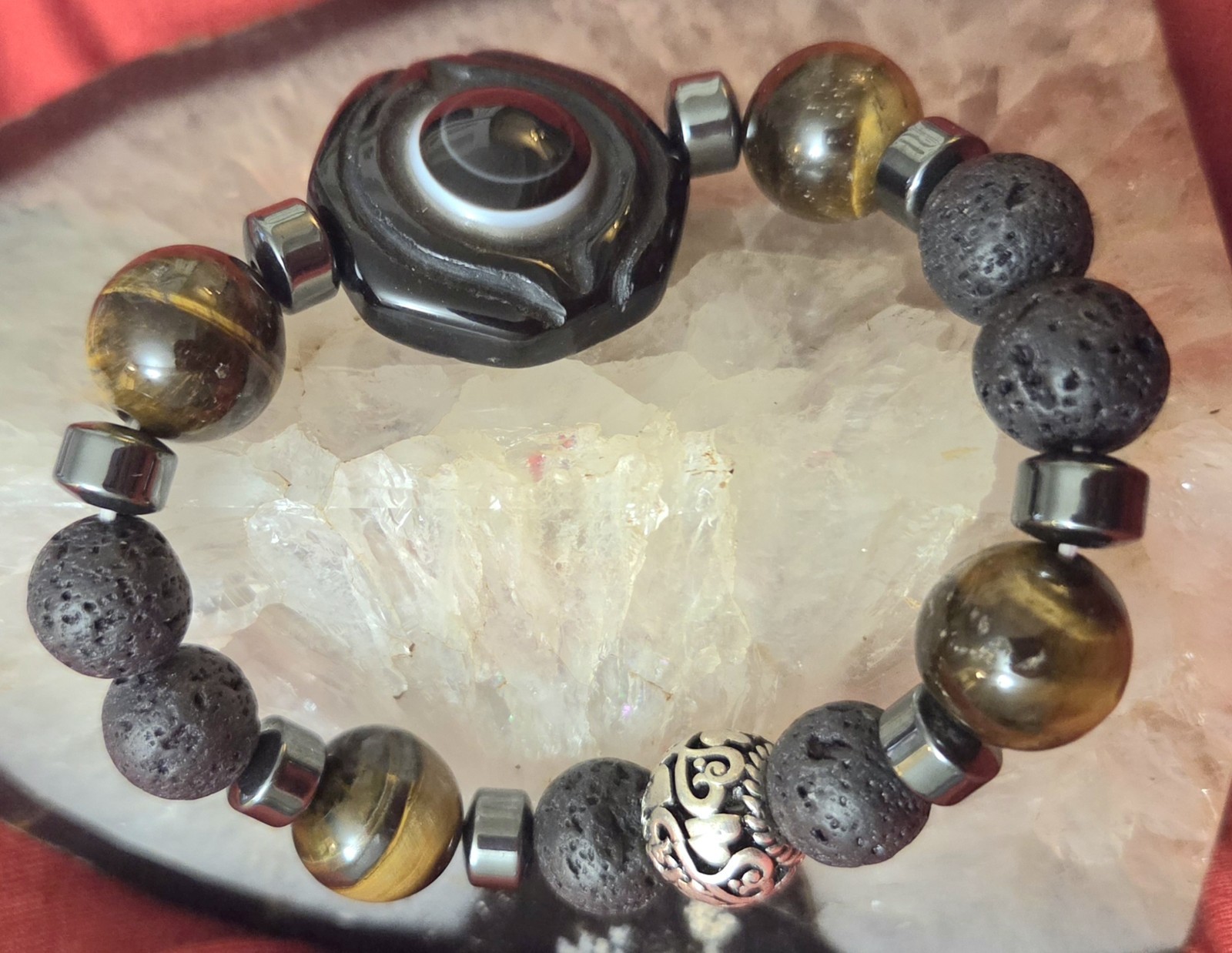 Mens bracelet with double Dzi: Dragon eye and ying yang with natural Stones.