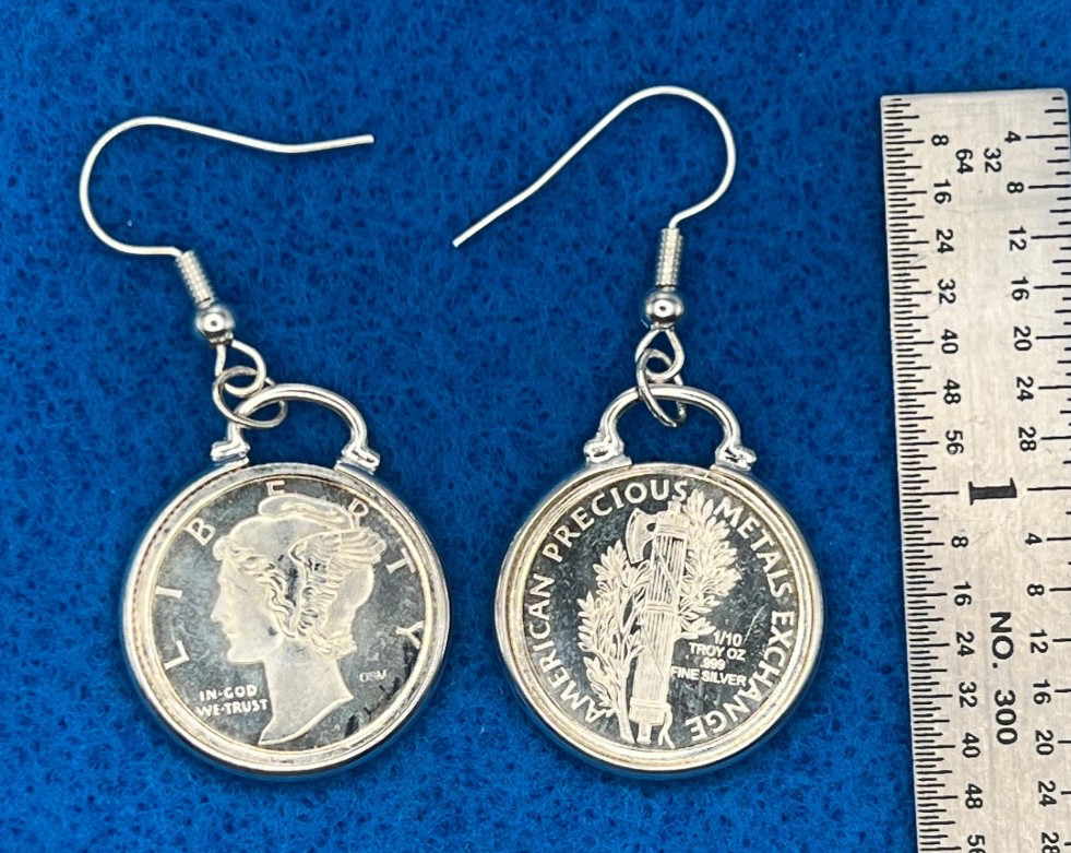 1/10th oz. Mercury Dime 0.99 Pure Silver French Hook Earrings