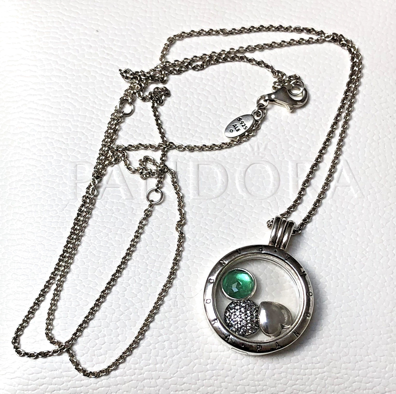 Authentic PANDORA Crystal Glass Locket, 3 Charms & 23.6″ Adjustable Necklace