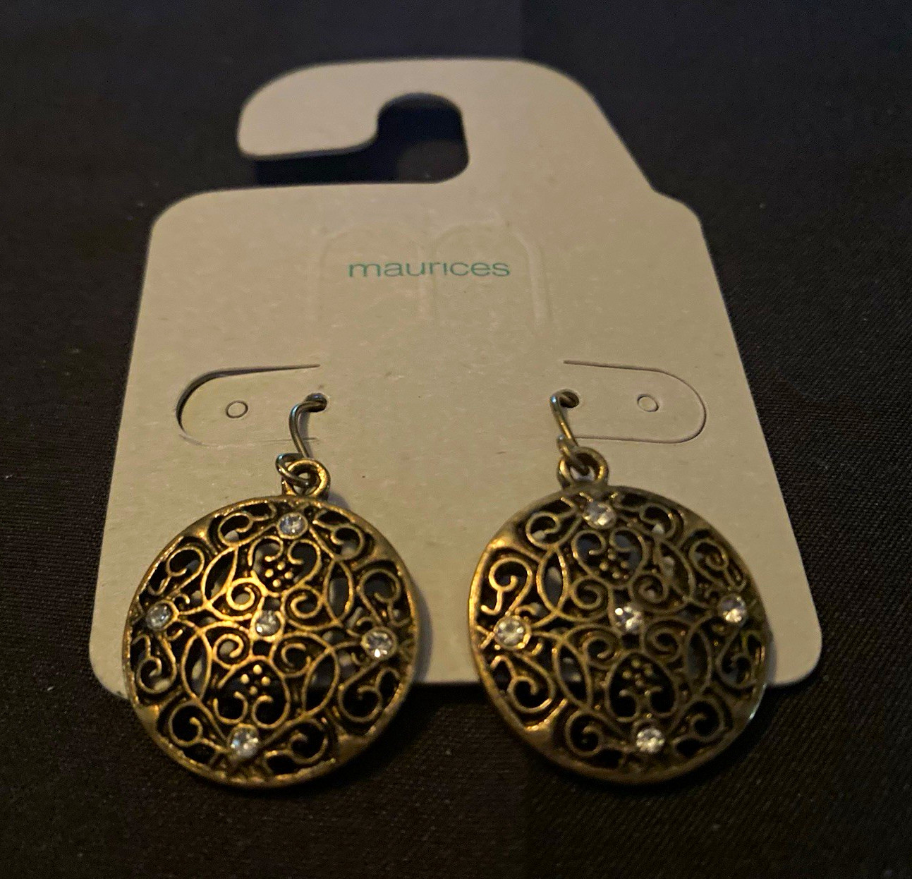 Maurice’s Gold Tone Round Filigree Rhinestone Dangle/Drop Earrings, Hook
