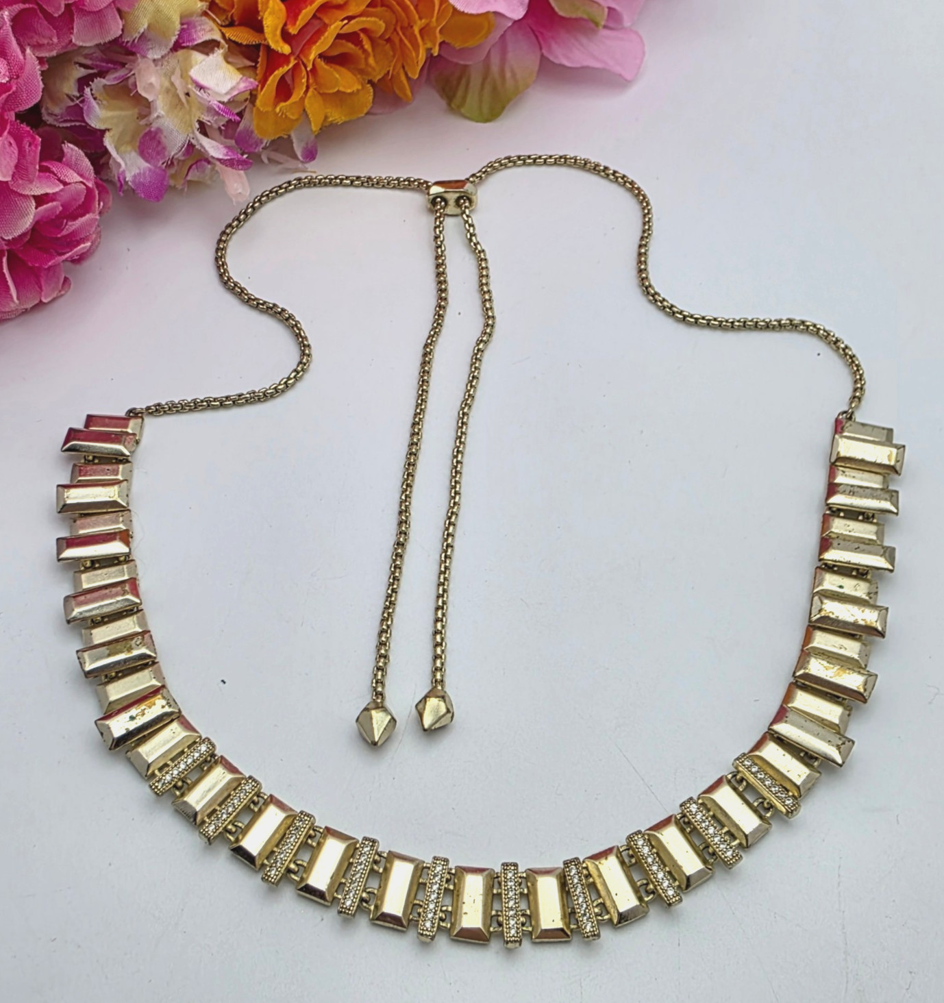 Kendra Scott Harper Gold-Tone Link Bar Necklace Clear Rhinestones 27 in Adj.
