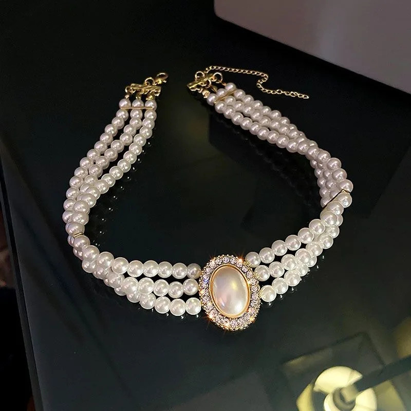 Pearl short necklace – Vintage fashion multi-layered neck chain with crystal