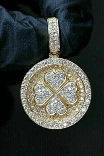 2Ct Round Cut Lab-Created Men’s 4 Leaflet Clover Pendant 14k Yellow Gold Plated