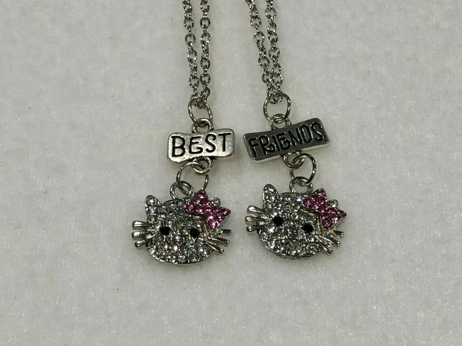 BEST FRIEND Pink & Clear Rhinestone Kitty 2 Pendants Necklace BFF Friendship Cat