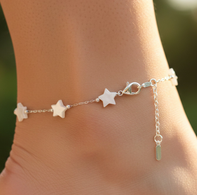 Silver Tone Star Anklet Minimalist Mother of Pearl Star Charm Designer Anklet