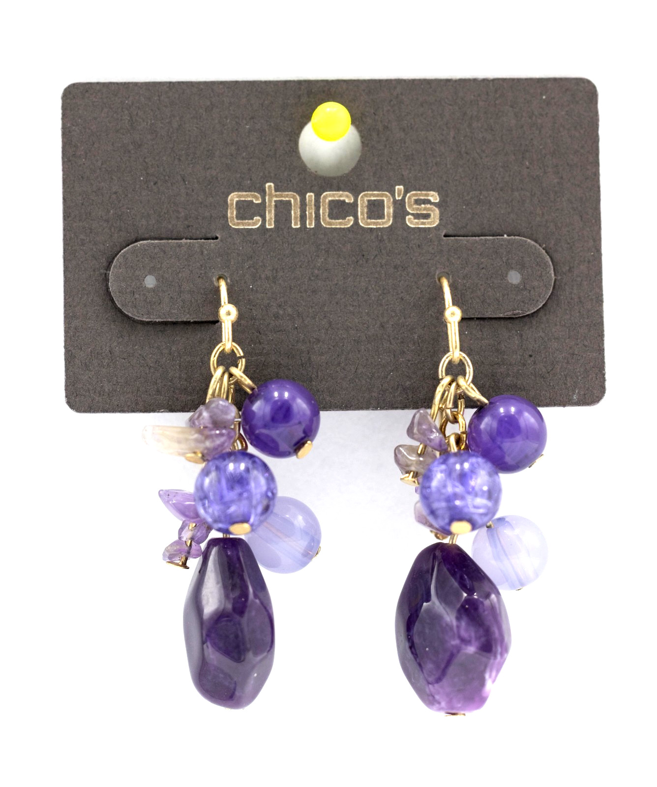 Chico’s Gold-toned drop earrings textured discs beads Purple Shiloh Cluster NWT