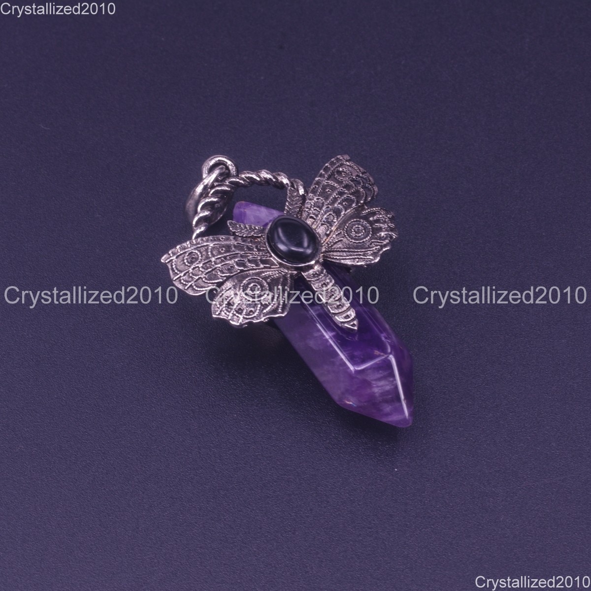 Natural Gemstones Amethyst Dragonfly Hexagonal Healing Pendant Beads 33x52mm