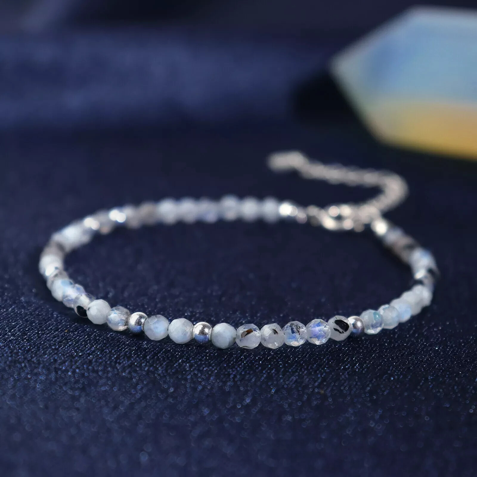 Rainbow Moonstone Crystal Gemstone Dainty Bracelet Minimalist 3mm Faceted Beads