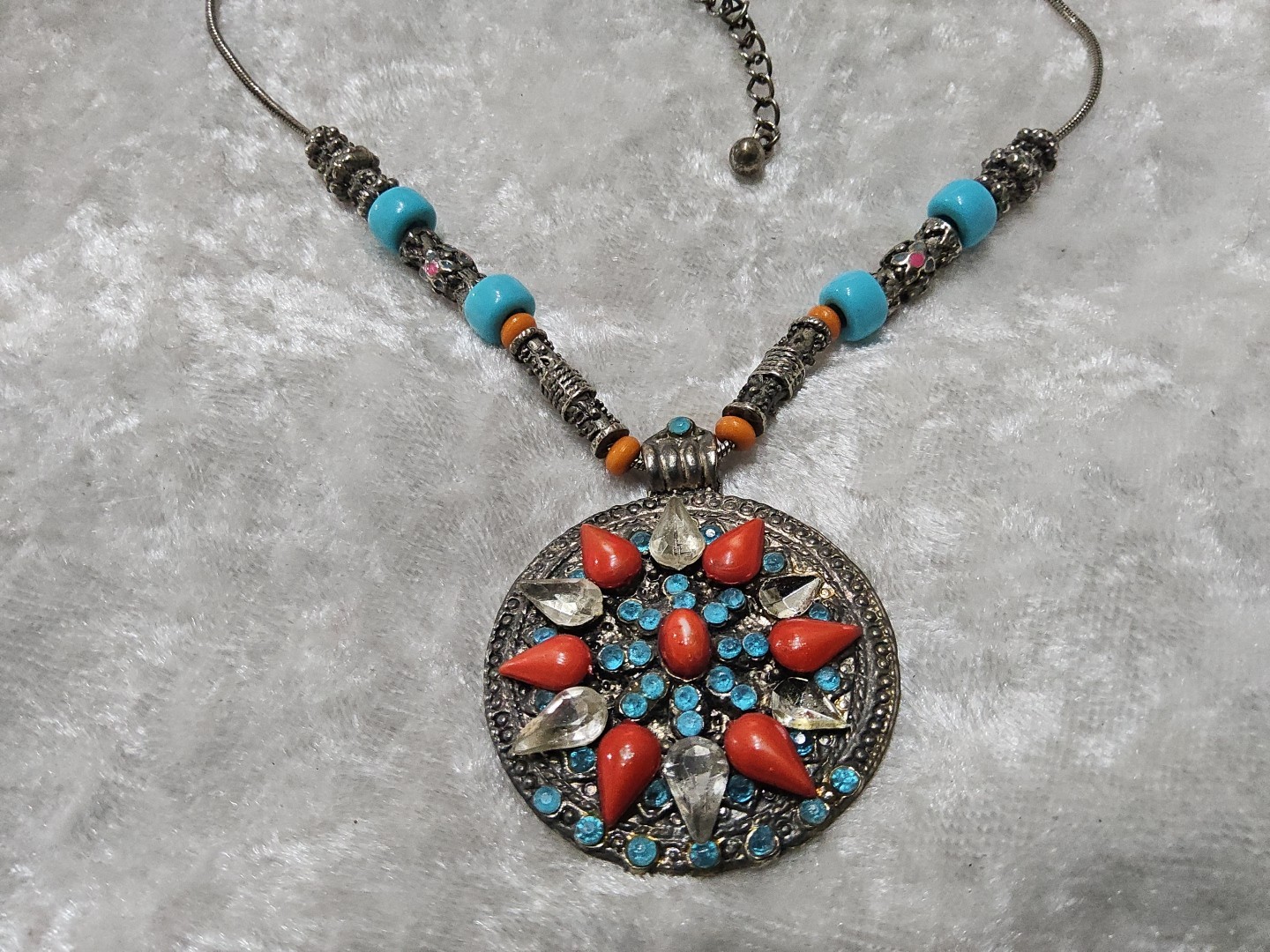 Silver Snake Chain Turquoise Blue Orange Glass Pendant Necklace 18in