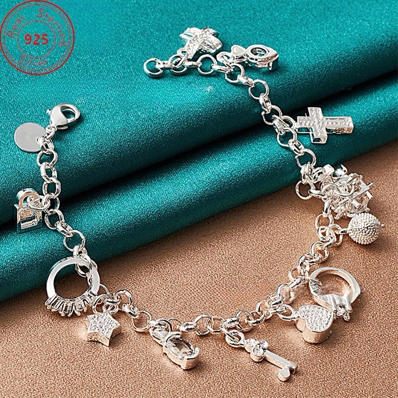 925 Sterling Silver Charm Bracelet Heart, Lock, Star, Cross & Rings With Box