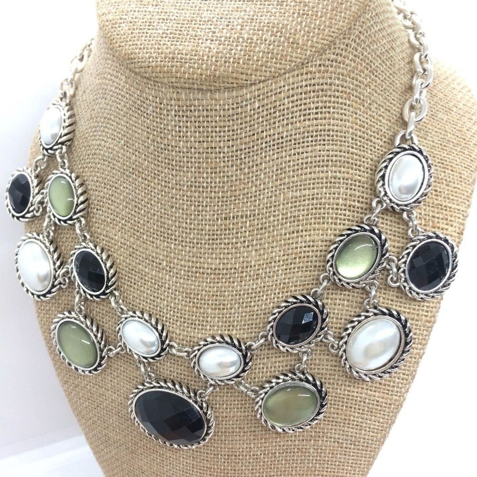 DANA BUCHMAN STATEMENT NECKLACE PEARL CABOCHON BIB COLLAR SILVER TONE REGAL