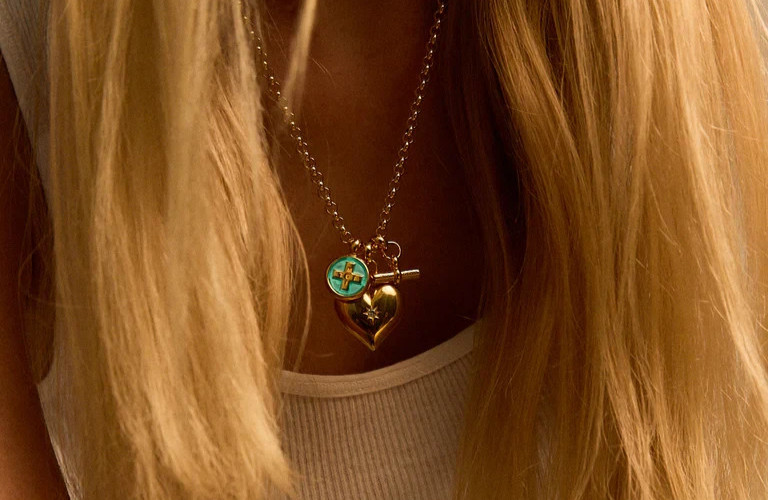 Rolo Chain Necklace Brass Metal heart and enamel Moi Toi disc in turquoise