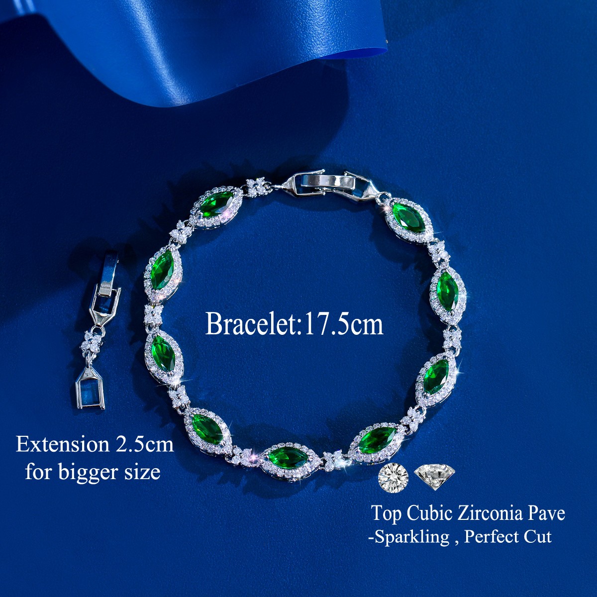 Silver Plated Green Marquise Cubic Zirconia Flower Link Chain Bracelet for Women
