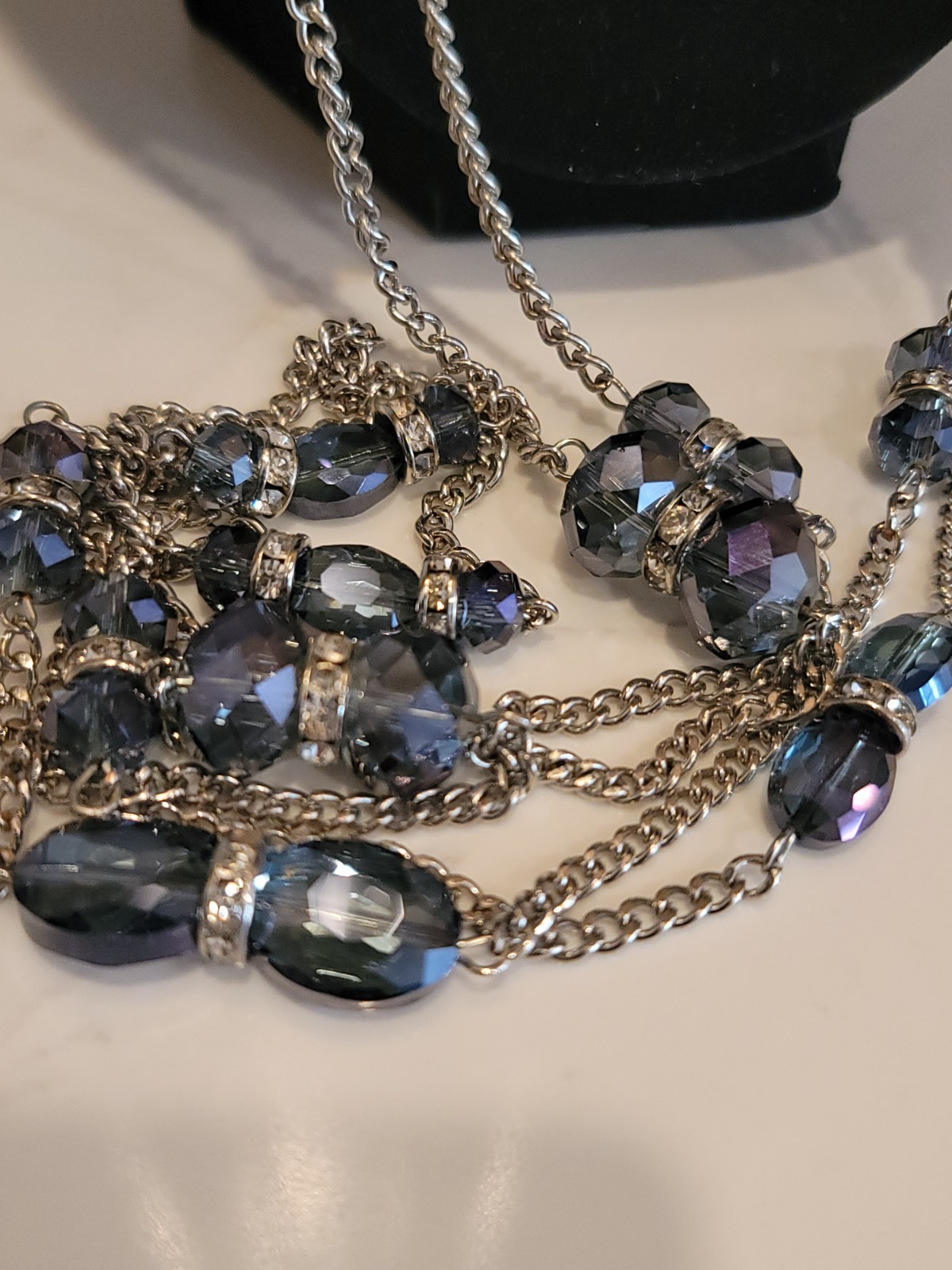 Blue Gray Crystal Double Strand Necklace 44″ Long Silver Tone Beaded
