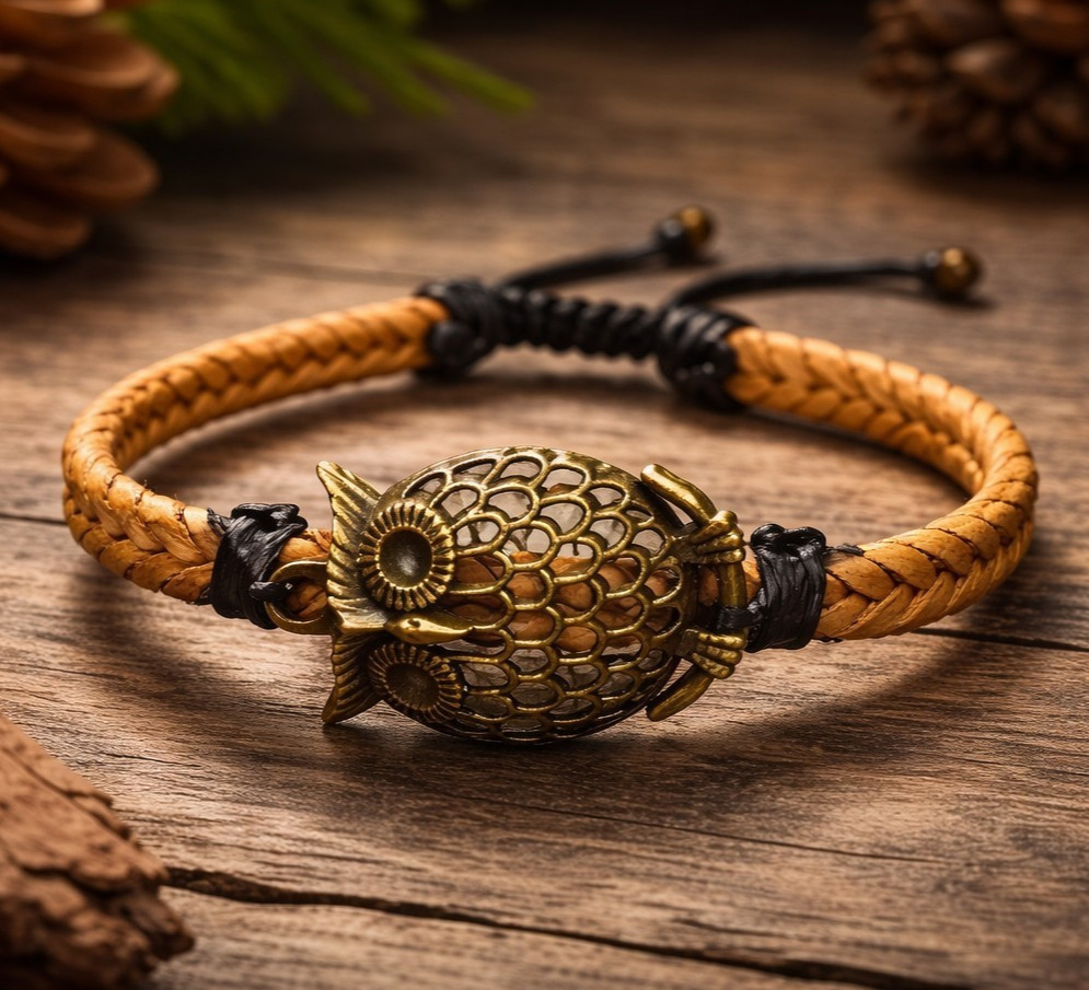 Brown Owl Leather Bracelet | Bronze Owl Charm | Adjustable Unisex Wisdom Jewelry