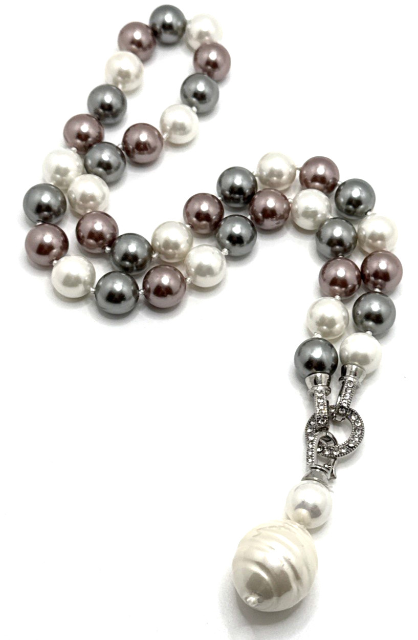 SAACHI Faux Pearl Necklace Detachable Pendant Rhinestone Accents Gray Purple 22″
