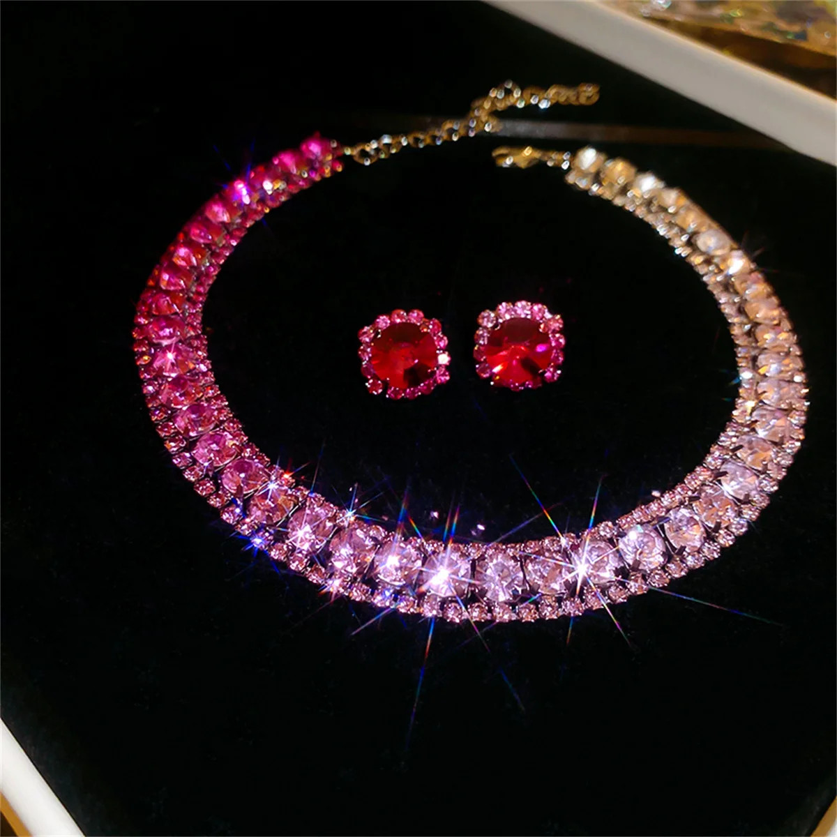 Luxury Crystal Necklace Earrings Set Pink Purple colourful Necklace