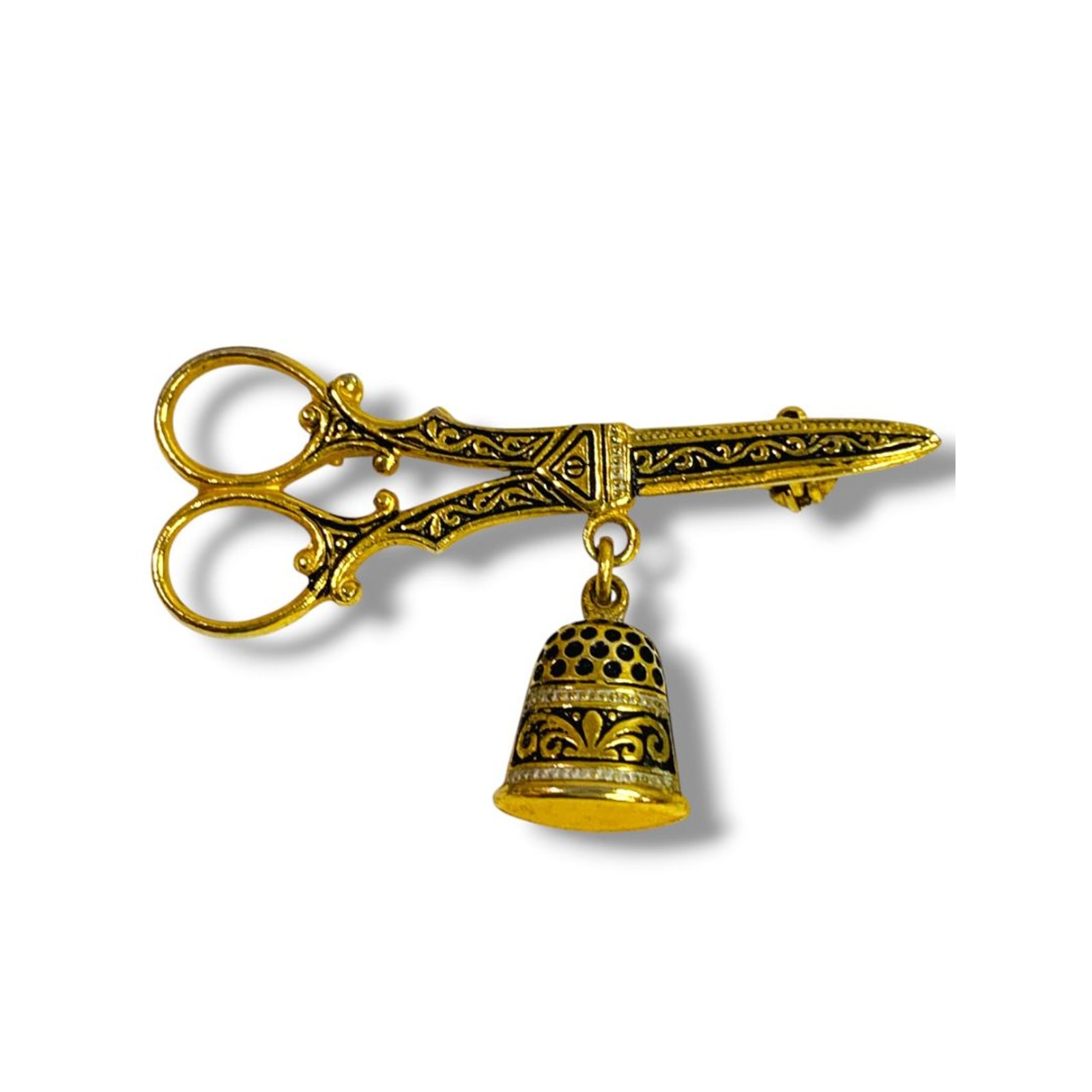 Thimble Pair of Scissors Damascene Spain Vintage Toledo Gold Brooch Pin Spain