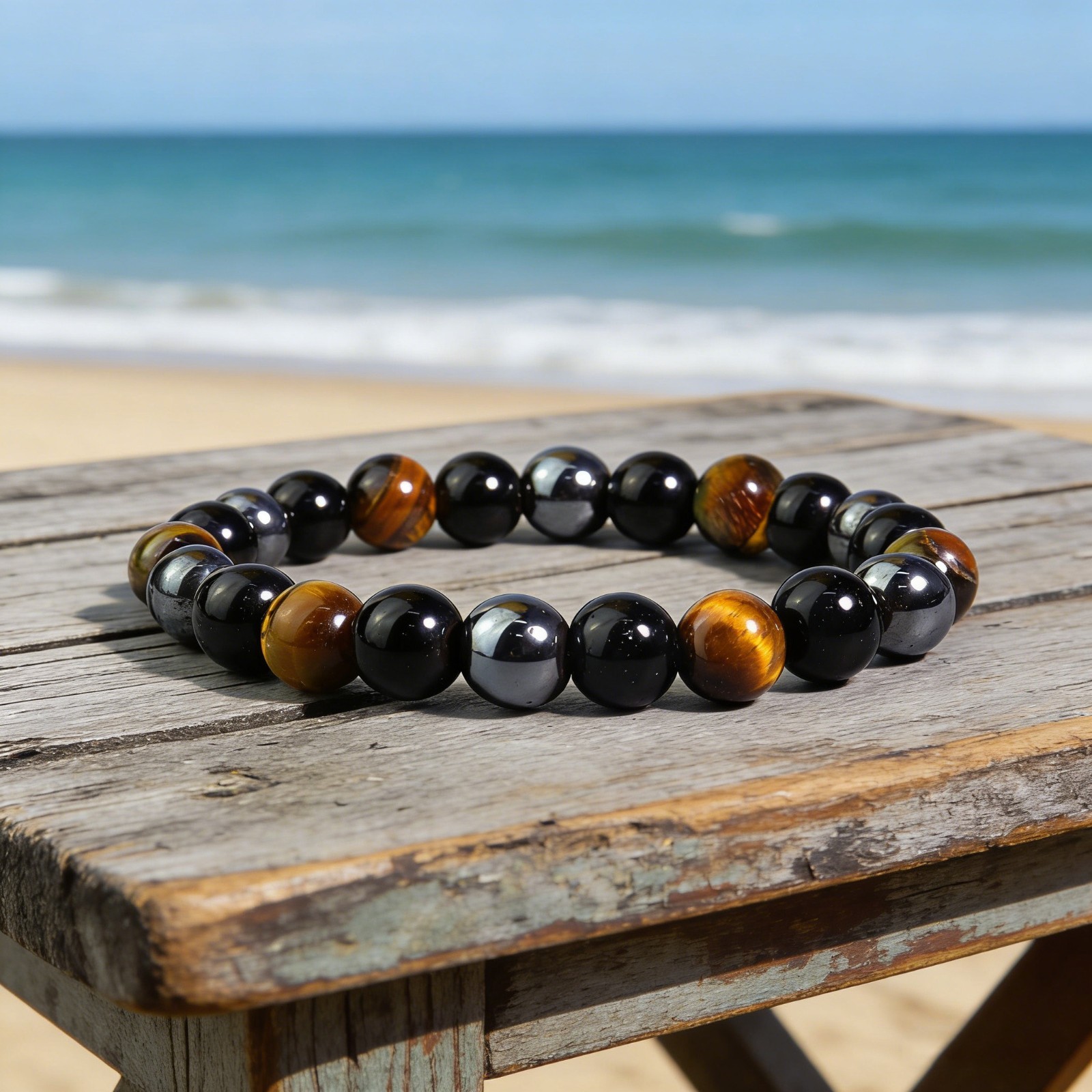 Natural Tiger Eye Hematite Black Obsidian Triple Protection Men Stretch Bracelet
