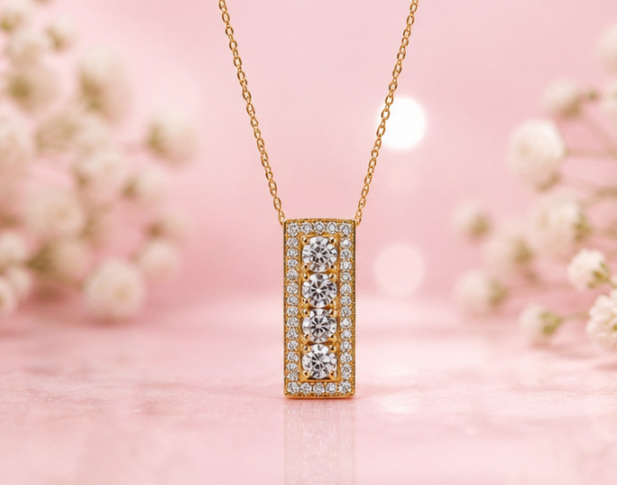 Elegant Bar Pendant Necklace – 14K Yellow Gold Plated with Simulated Diamond