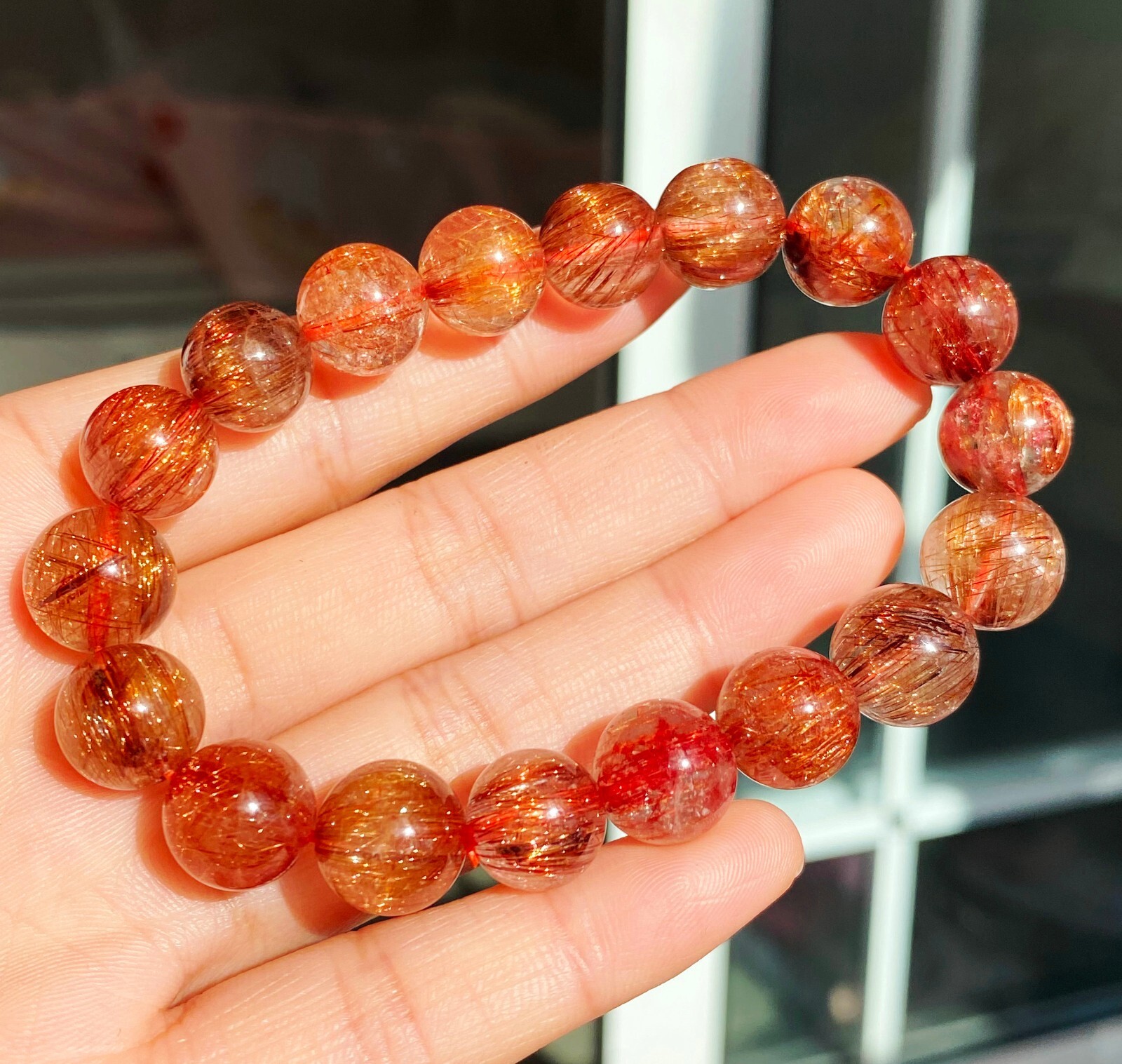 10.7-11.3mm Natural Copper Rutilated Quartz Crystal Stretch Beads Bracelet 17