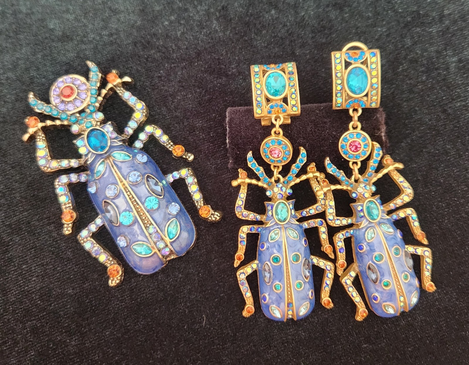 Heidi Daus Blue Beetle Brooch And Earring Set * Earrings Only Are SIGNED *