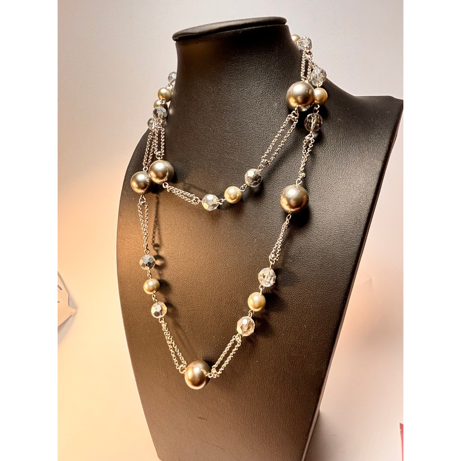 Carolee Long Multi-Strand Necklace Silver Faux Pearl Crystal Beaded BX523