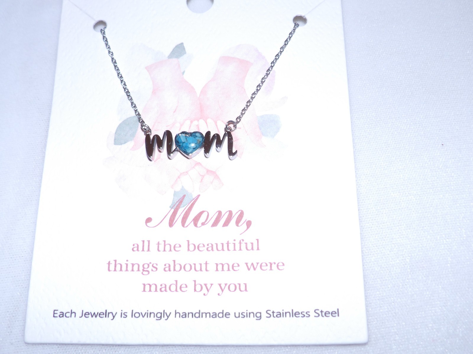 MOM NECKLACE PENDANT MOTHERS DAY GIFT BLUE GEMSTONE HEART 16″ to 20″ NEW