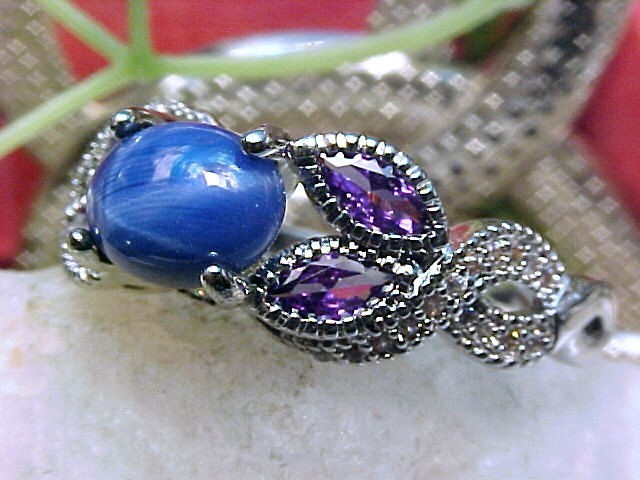 Blue Star Sapphire Ring 8X6mm & Amethyst & White Topaz 925 Sz 10.25