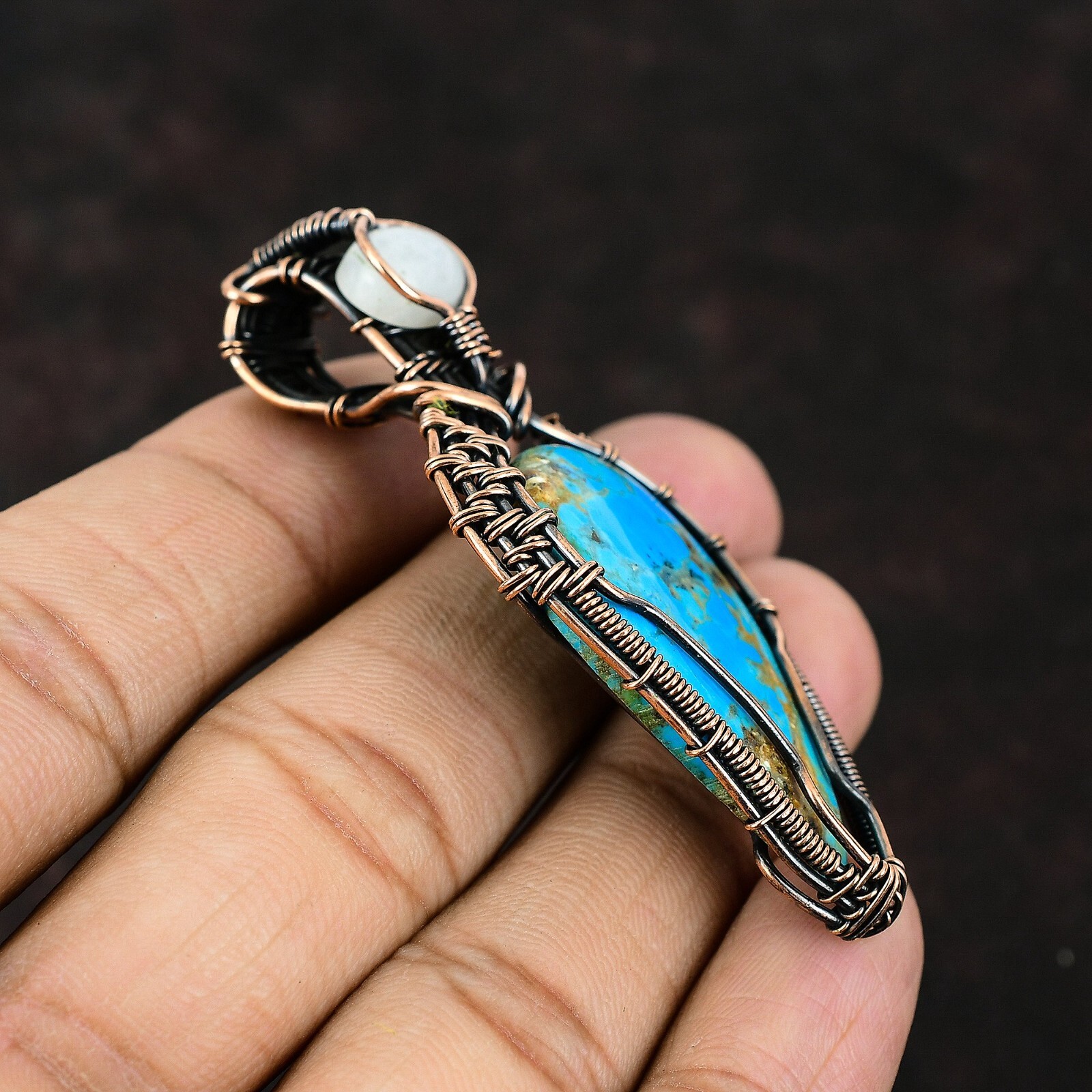 Gift For Her Arizona Turquoise Wire Wrapped Pendant Copper Jewelry 2.64″