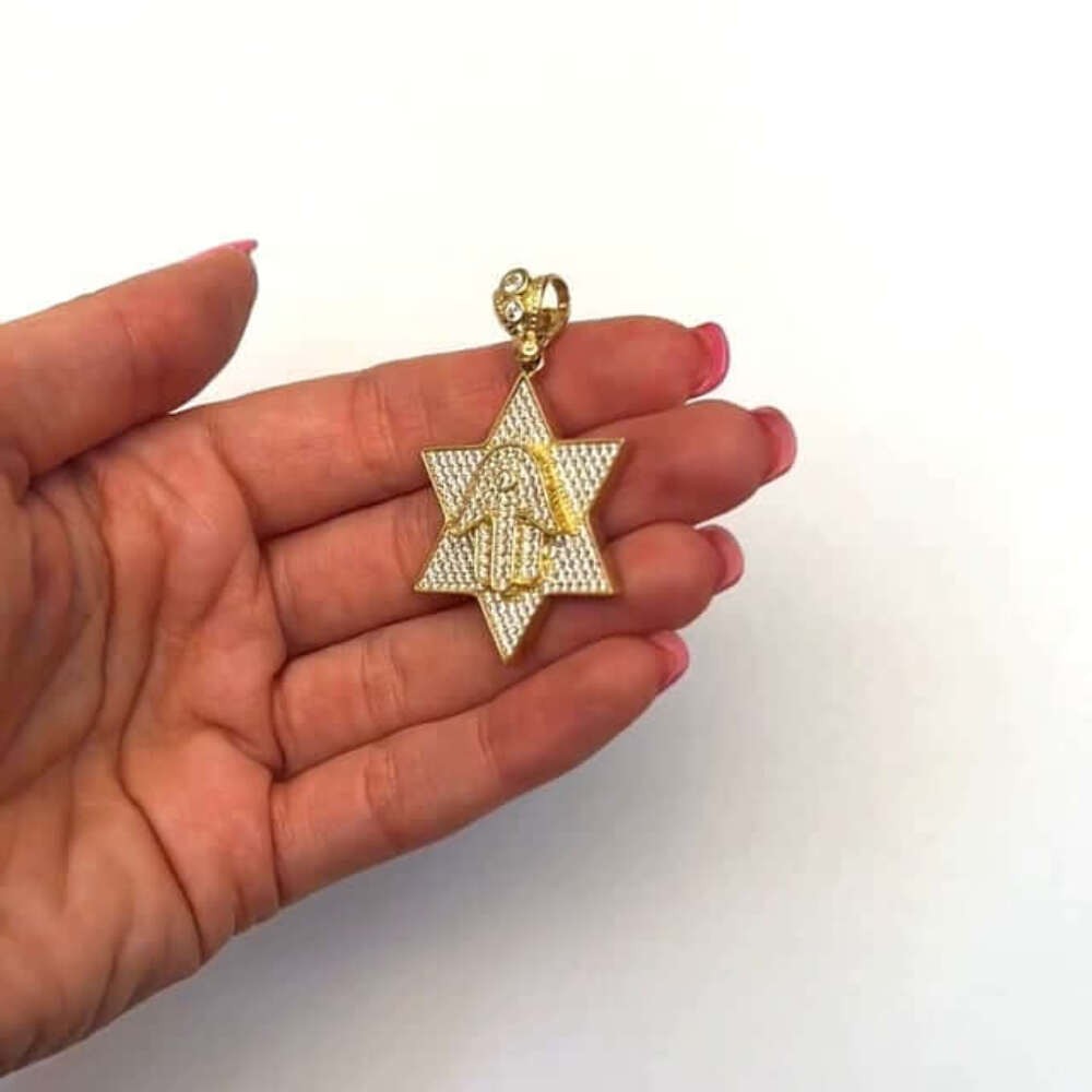 14K Yellow Gold Simulated Diamond Pave Star David Hamsa Hand Charm Pendant 1.8″