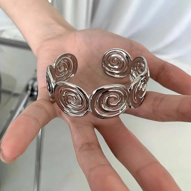 Punk Silver Geometric Spiral Bracelet Vintage Metal Open Adjustable Cuff Bangle