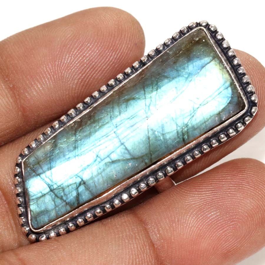 925 Silver Plated Fiery Labradorite Rough Ring US 8 Christmas Gift Trendy GW