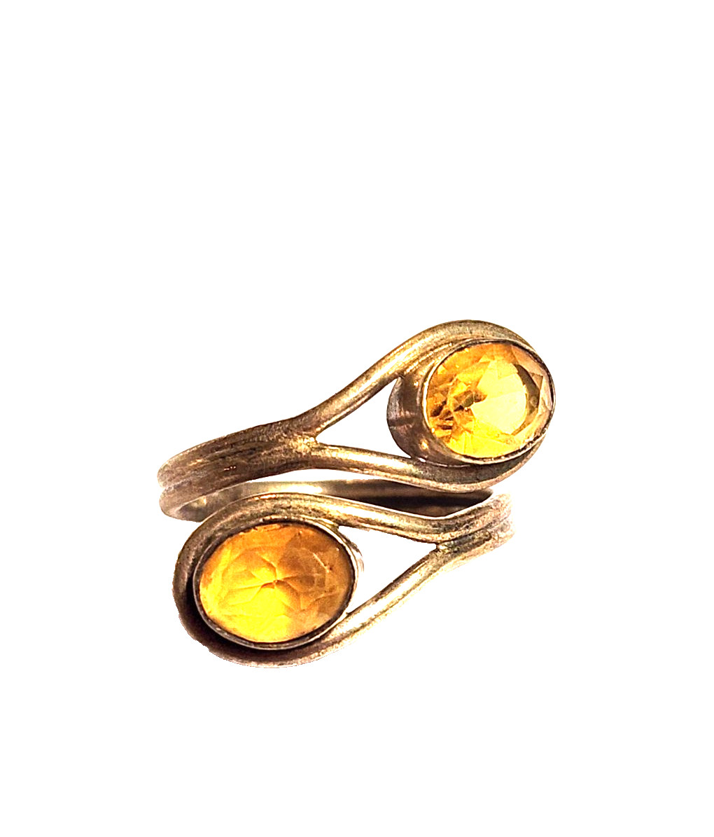 Artisan Yellow Citrine Faceted Oval Wrap Statement Ring Sz 7.5 Gold Tone Boho
